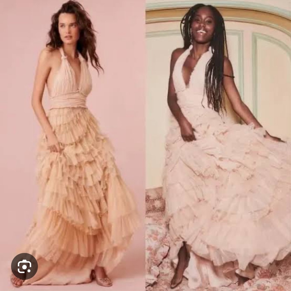 LoveShackFancy Ramsey Halter Ruffle Tiered Gown Maxi Dress Glitter Nude